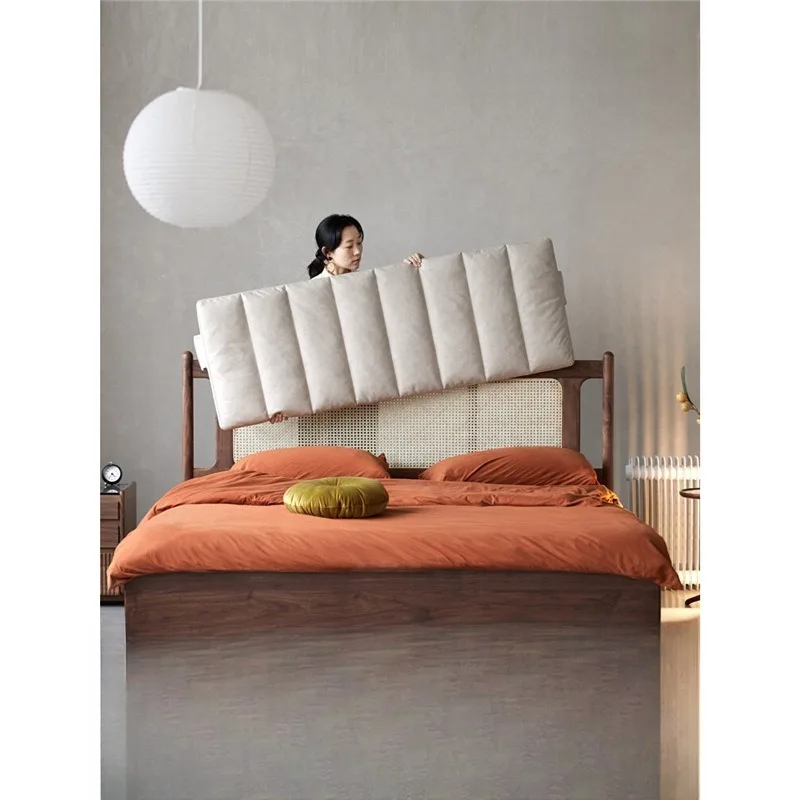 Black walnut full solid wood rattan  retro soft bag single double  frame new Chinese furniture
