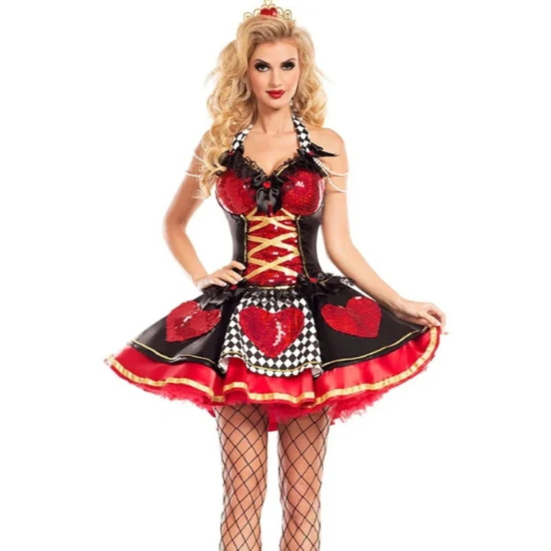 女性のワンダーランドアリスハートの女王クイーンポーカーコスチュームハロウィンセクシーな皇后コスプレレッドゴシックスパンコールショートドレス