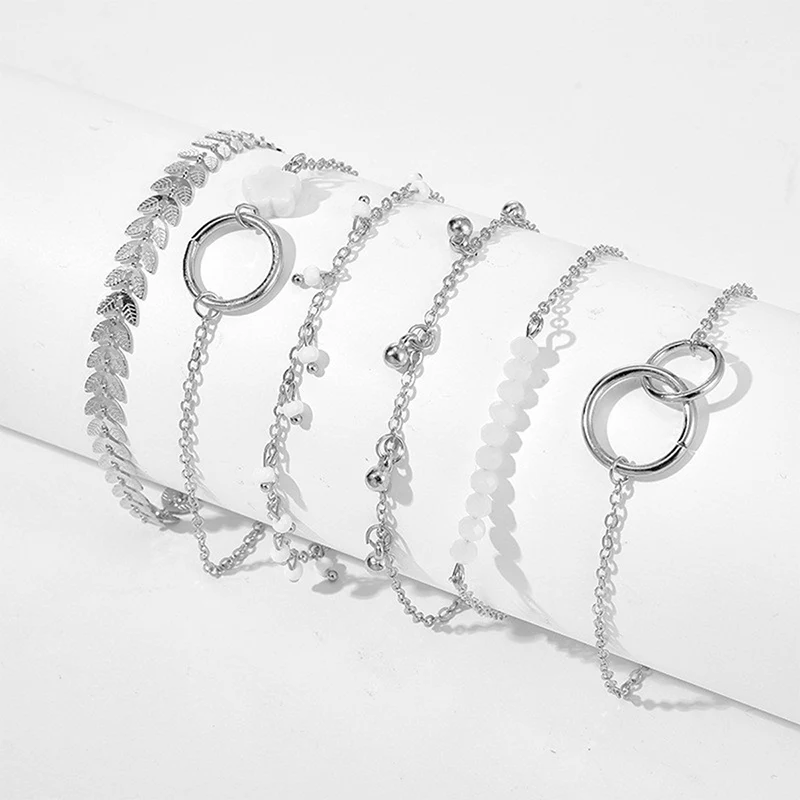 6 PCS Different Style Bracelet Leaf Gold/White Bead Charm Gold/Silver Color Chain Bracelet Women\'s Elegant Stackable Jewelry