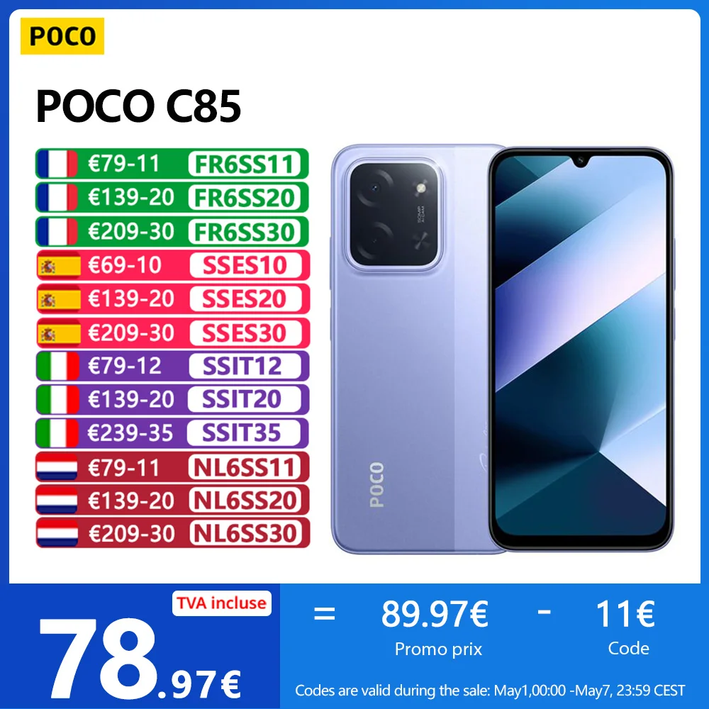 POCO C85 4G,NFC,6.9",MediaTek Helio G81-Ultra,120 Hz,50 MP Caméra,Charge rapide 33W,6000 mAh