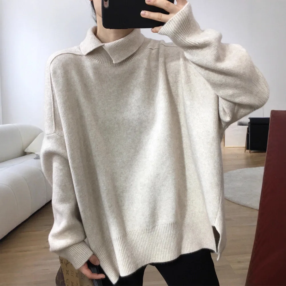 

Long Sleeve Crew Neck Sweater Autumn Winter Stree Loose Fit Open Split Knitwear Women's Casual Style Oversized Korean Version