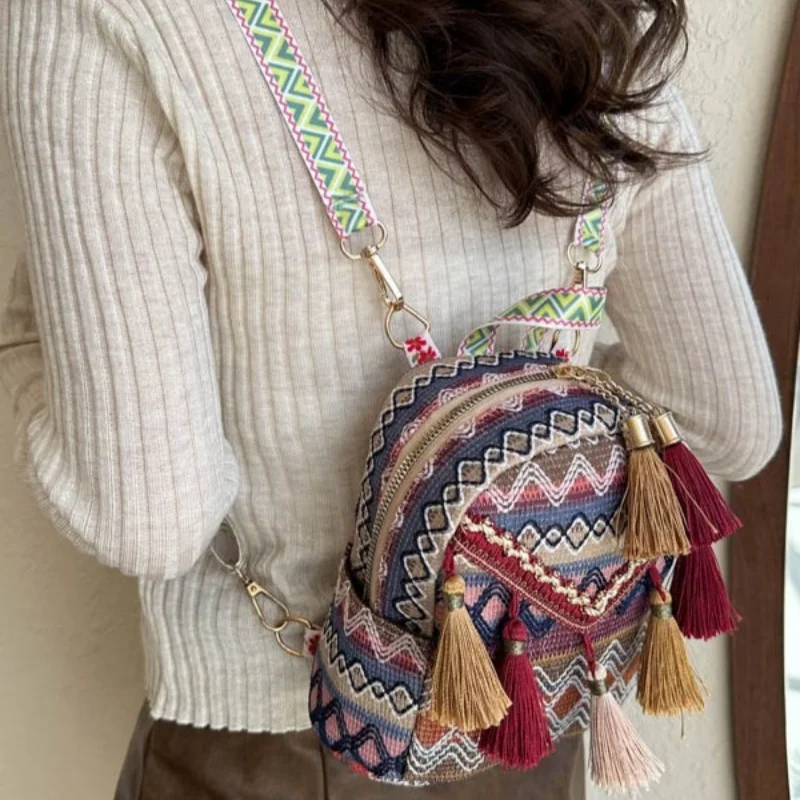 Women Bohemian Style Mini Backpack Geometric Weave With Tassels Lightweight Convertible Crossbody Bag For Everyday Vacation