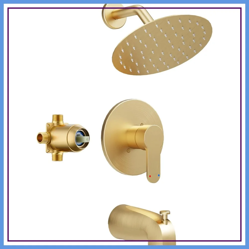 

Brushed Gold Tub Shower Faucet Set with 6-Inch Rainfall Showerhead and Bathtub Spout, Single-Handle Trim Kit Included