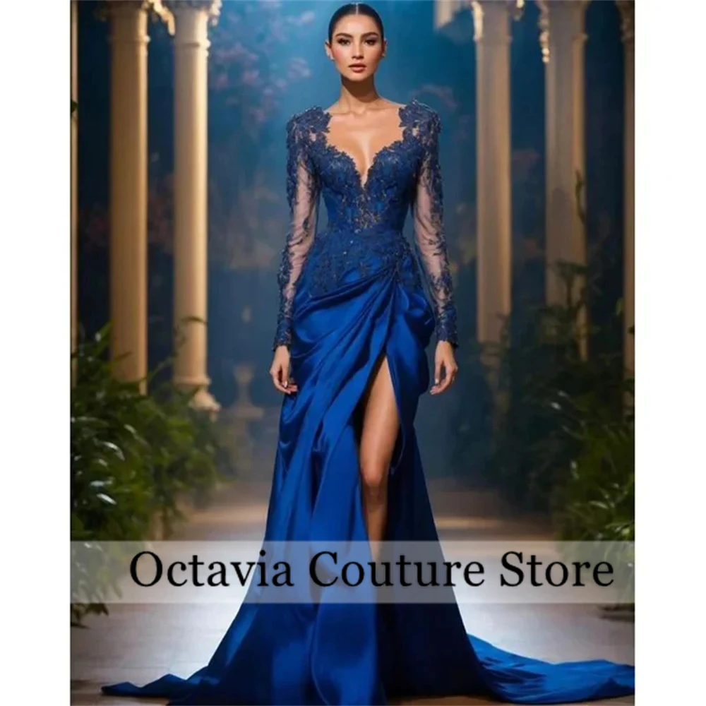 

Saudi Arabia Long Sleeve Blue Evening Dress Sweetheart Satin Customized Prom Dresses Wedding Party Gown فستان وردي
