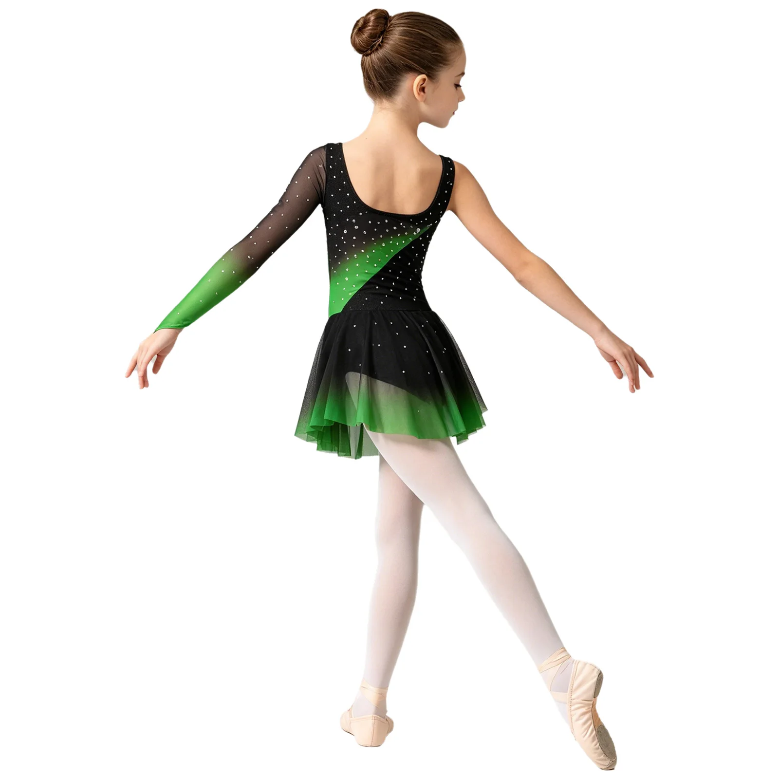 Kids Girls Figure Skating Artistic Gymnastic Costume Ballet Jersey Lyrical Dance Dress Shiny Rhinestone Split Sheer Mesh Leotard