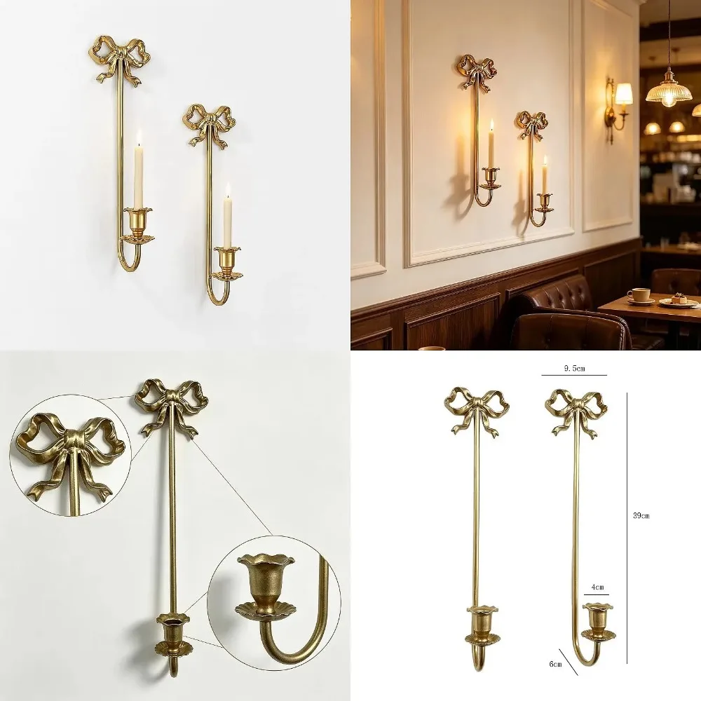 Set of 2 Vintage Metal Candle Holders, Gold Bowknot Embossed Wall Sconces, Wall Mounted Hanging Candle Stick for Home Decor