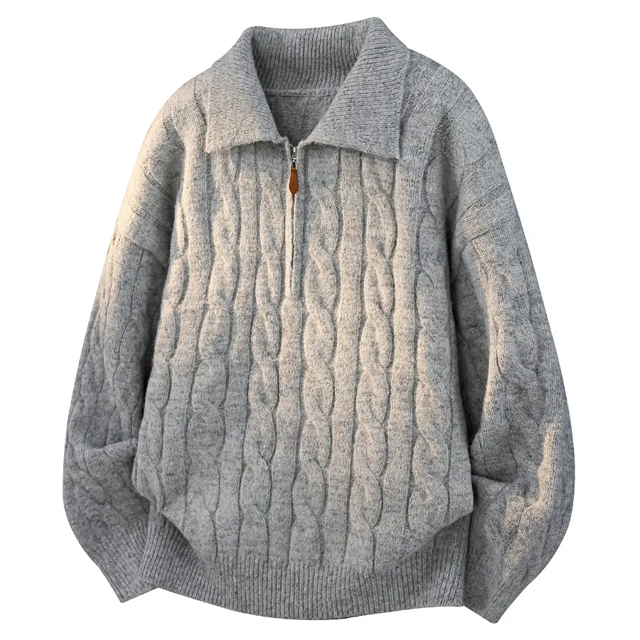 2026 Autumn Fashion Brand Lapel Half Zip Polo Sweater Men's Loose and Versatile Fried Dough Twists Knitting Pullover