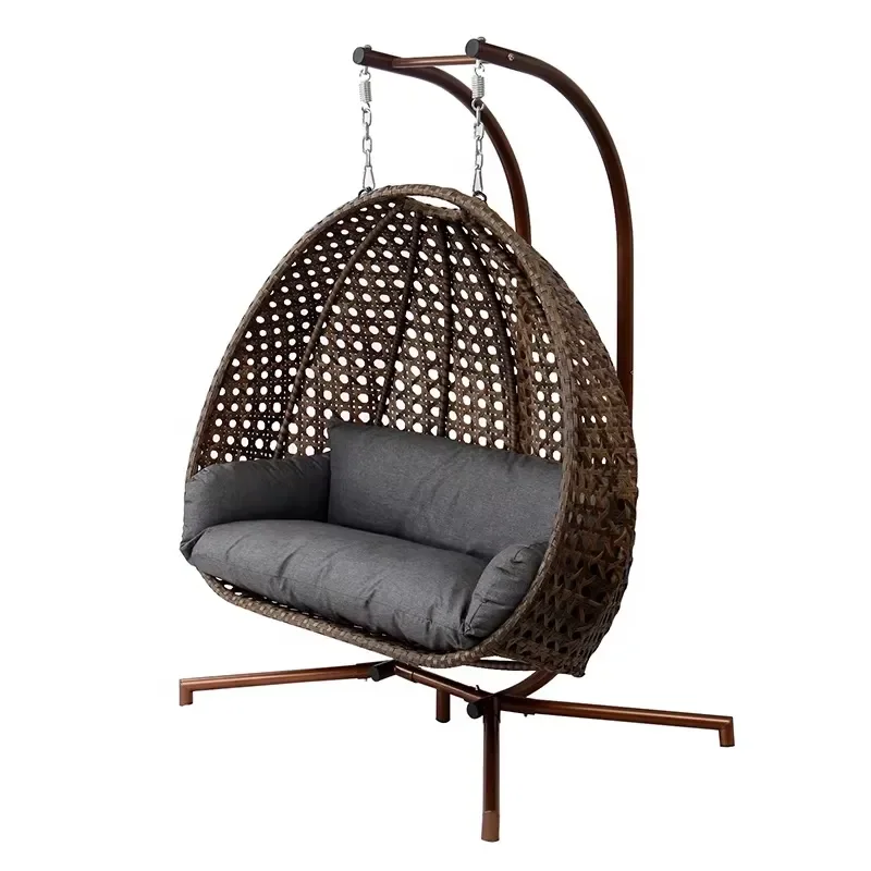 Brown Modern Garden Porch Wicker Furniture Outdoor Patio Rattan Double Two Person Oval Swing Hanging Egg Chair with Stand