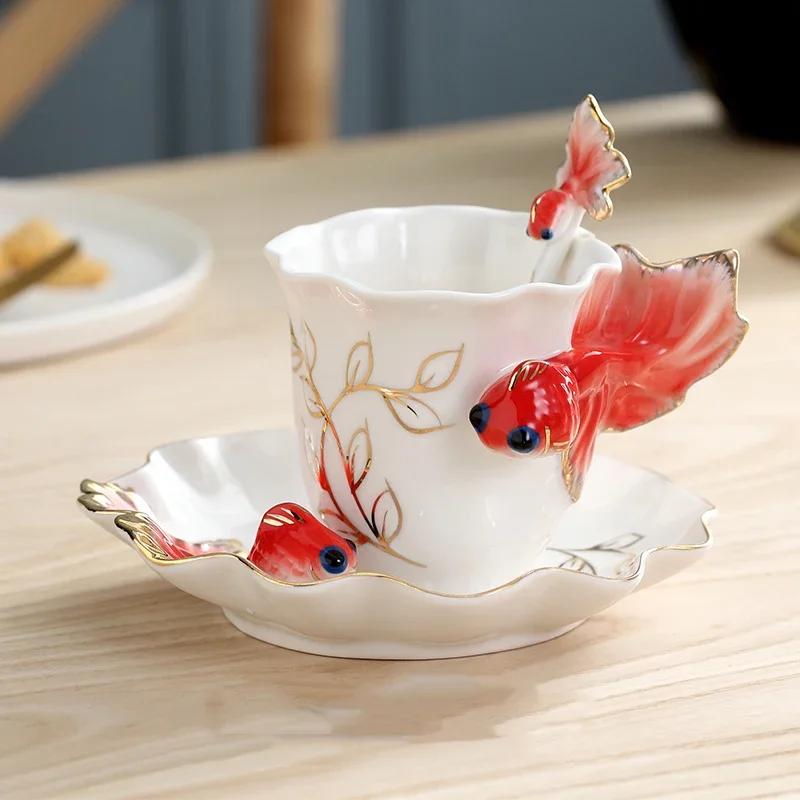 Luxury Ceramic Goldfish Coffee Cup Saucer Spoon Set Accessories Home Livingroom Ornaments Crafts Table Milk Tea Decoration