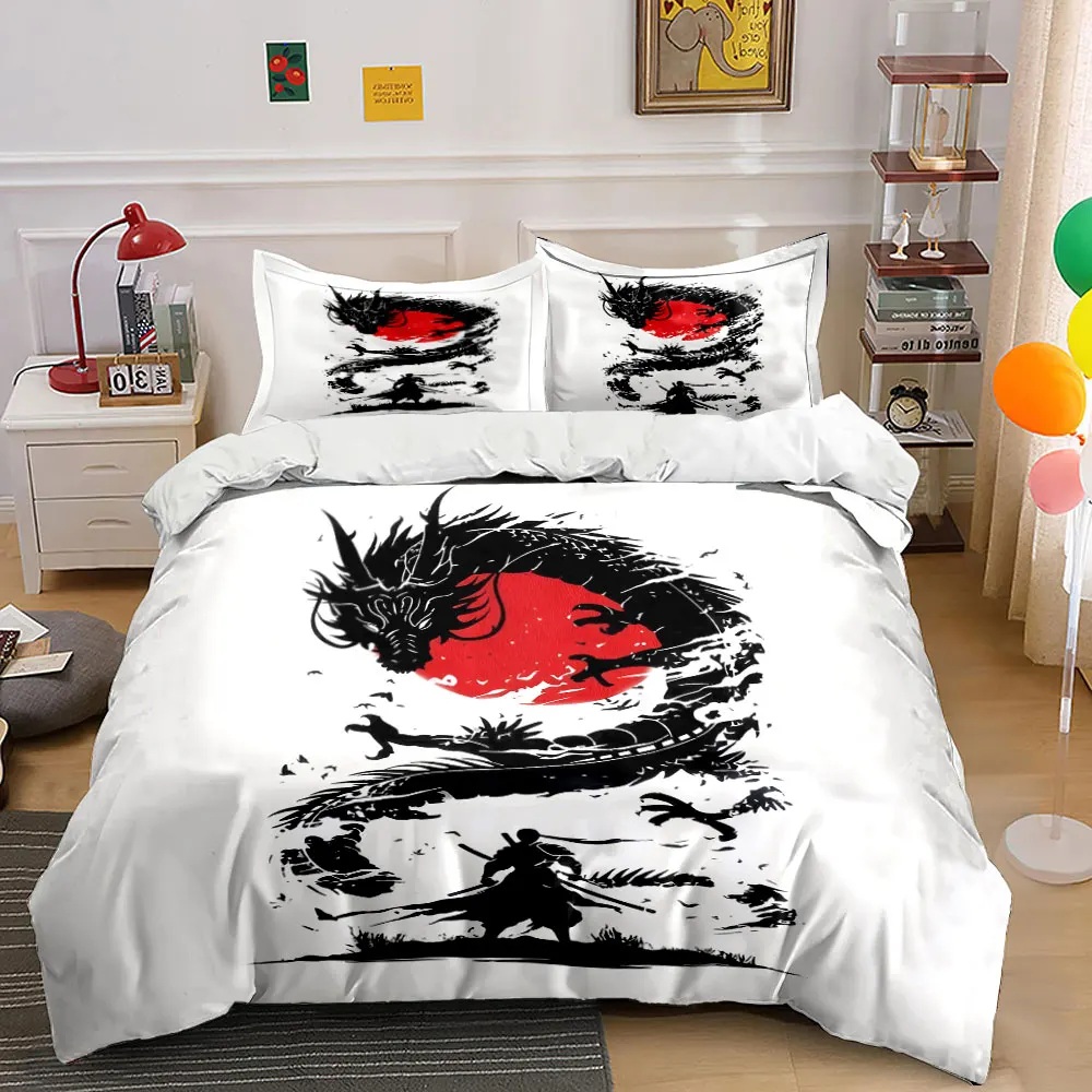 Samurai and Dragon with Red Sun Duvet Cover Set with 3D Printing Design Soft Polyester Bedding Set All-Season Comfort for gifts