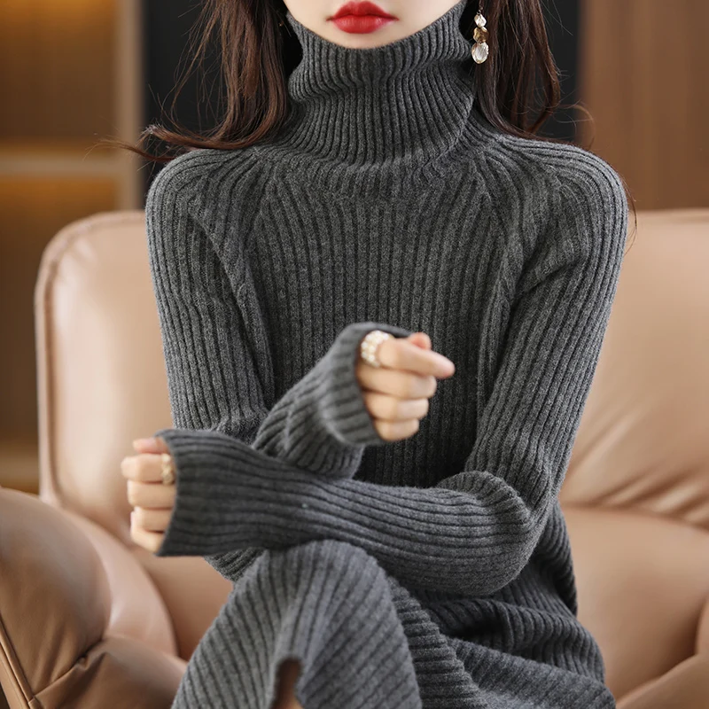 Autumn Winter 100% Pure Merino Wool Dress High Collar Drawstring Midi Knee-Length Thick Warm Knitted Skirt for Women