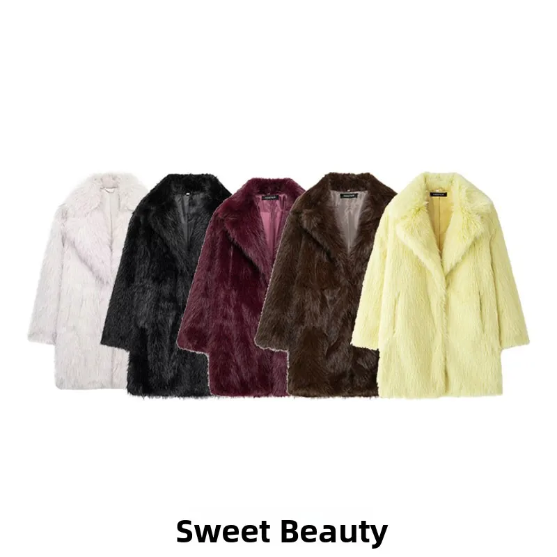 

Fashionable Artificial Fur Effect Long Sleeve Collar Coat New Autumn Winter Women's Outerwear Elegant Classy Style Medium Length