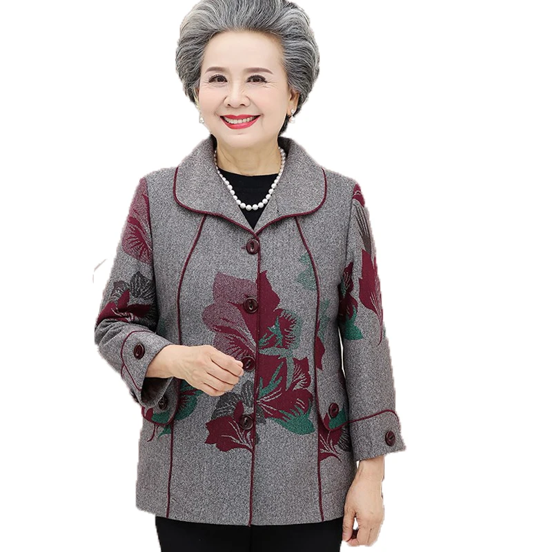 

Elderly Women Spring Autumn Jacket 60-70 Old Mother Short Coat Grandma Long Sleeve Loose Windbreaker Fashion Print Jacket 5XL