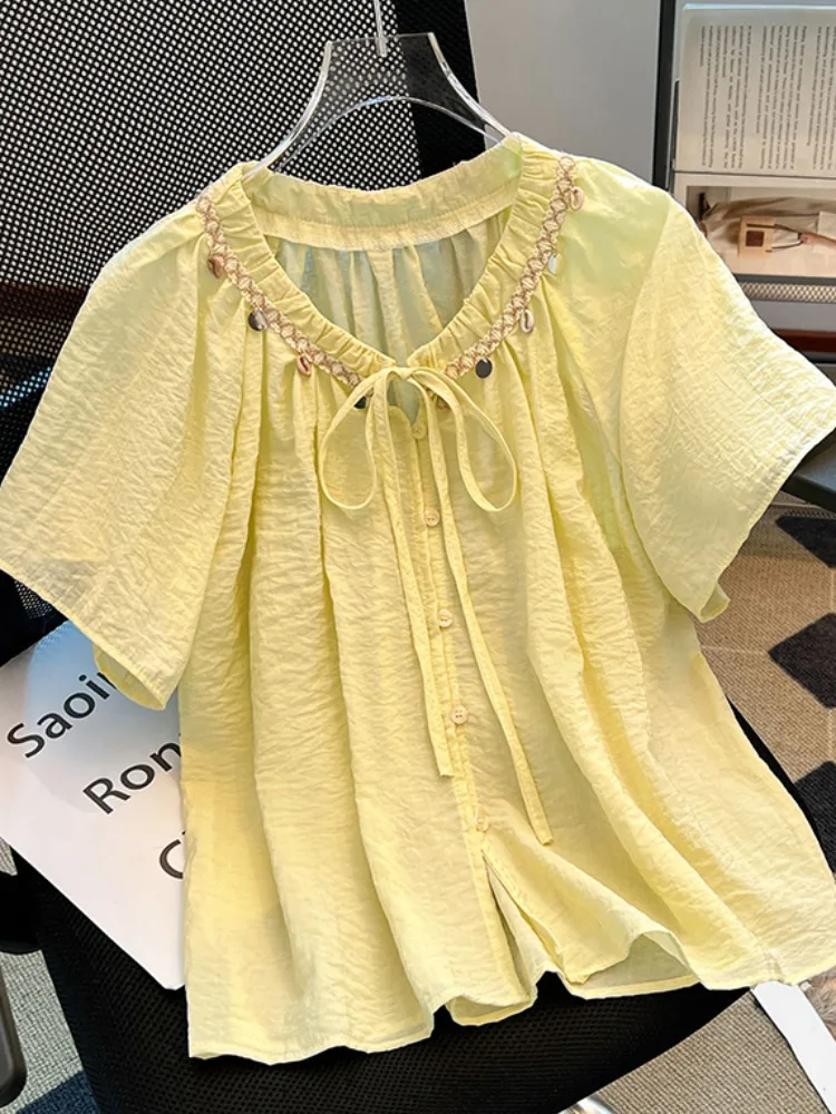 Consigliato Self-Kept Pieghettato V-Ne Legato ort Sve irt Donna Estate ell Frangia Top allentato Coreano Sle Pendolarismo Vento