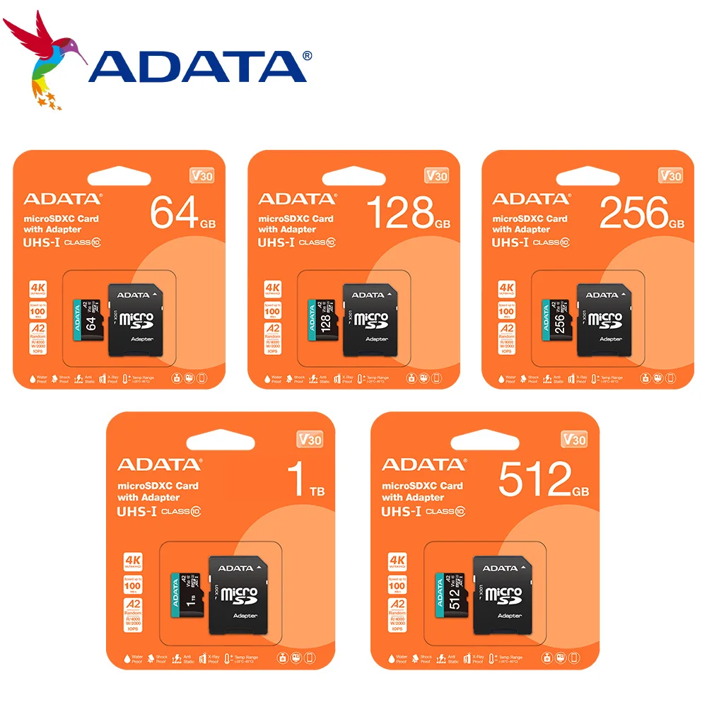 Карта памяти ADATA 64 ГБ, 128 ГБ, 256 ГБ, 512 ГБ, 1 ТБ Premier Pro microSDXC/SDHC UHS-I U3 класса 10 (V30S), Micro SD с адаптером