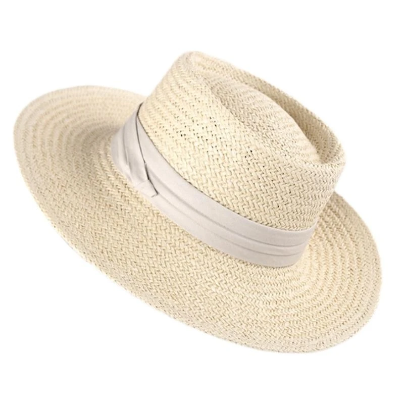 R1WE المرأة الصيف المنسوجة القش النطاقات قبعة الشمس عطلة عطلة شقة واسعة حافة واقية من الشمس عادية في الهواء الطلق قابل للتعديل