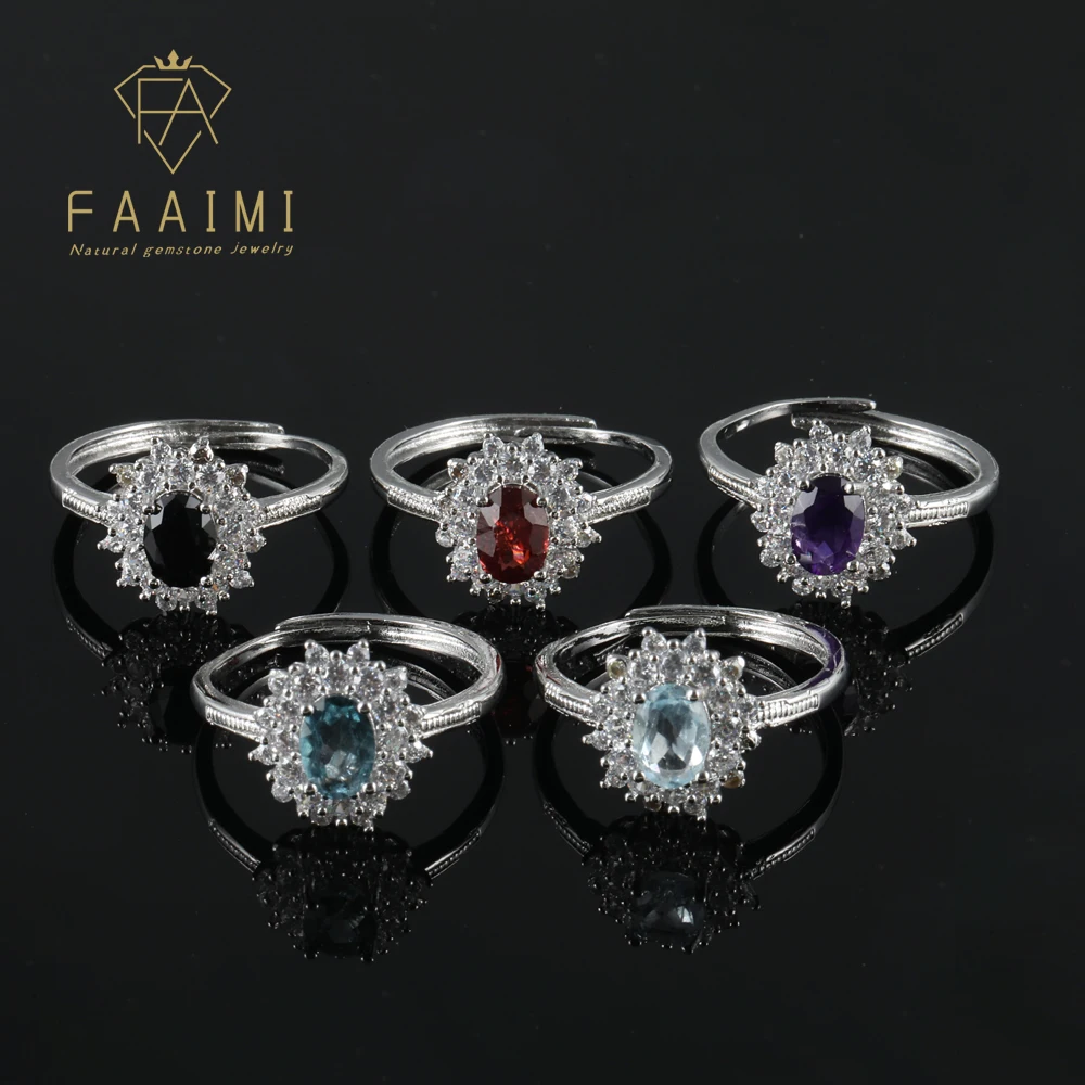 

100% natural topaz garnet amethyst black spinel gemstone ring for women adjustable copper-plated silver ring jewelry gifts