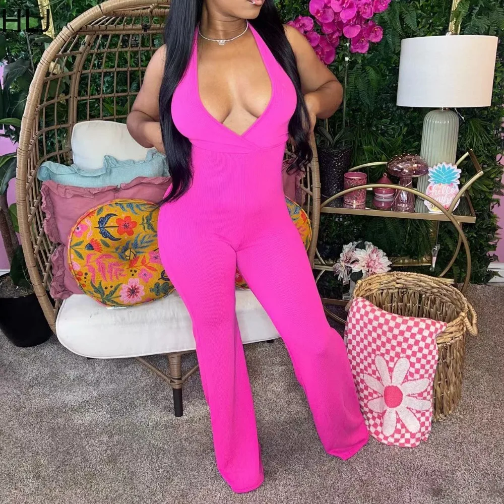 

HLJ Rose Fashion Deep V Halter Backless Bodycon Jumpsuits Women Sleeveless Wide Leg Pants One Pieces Playsuits Female Overalls