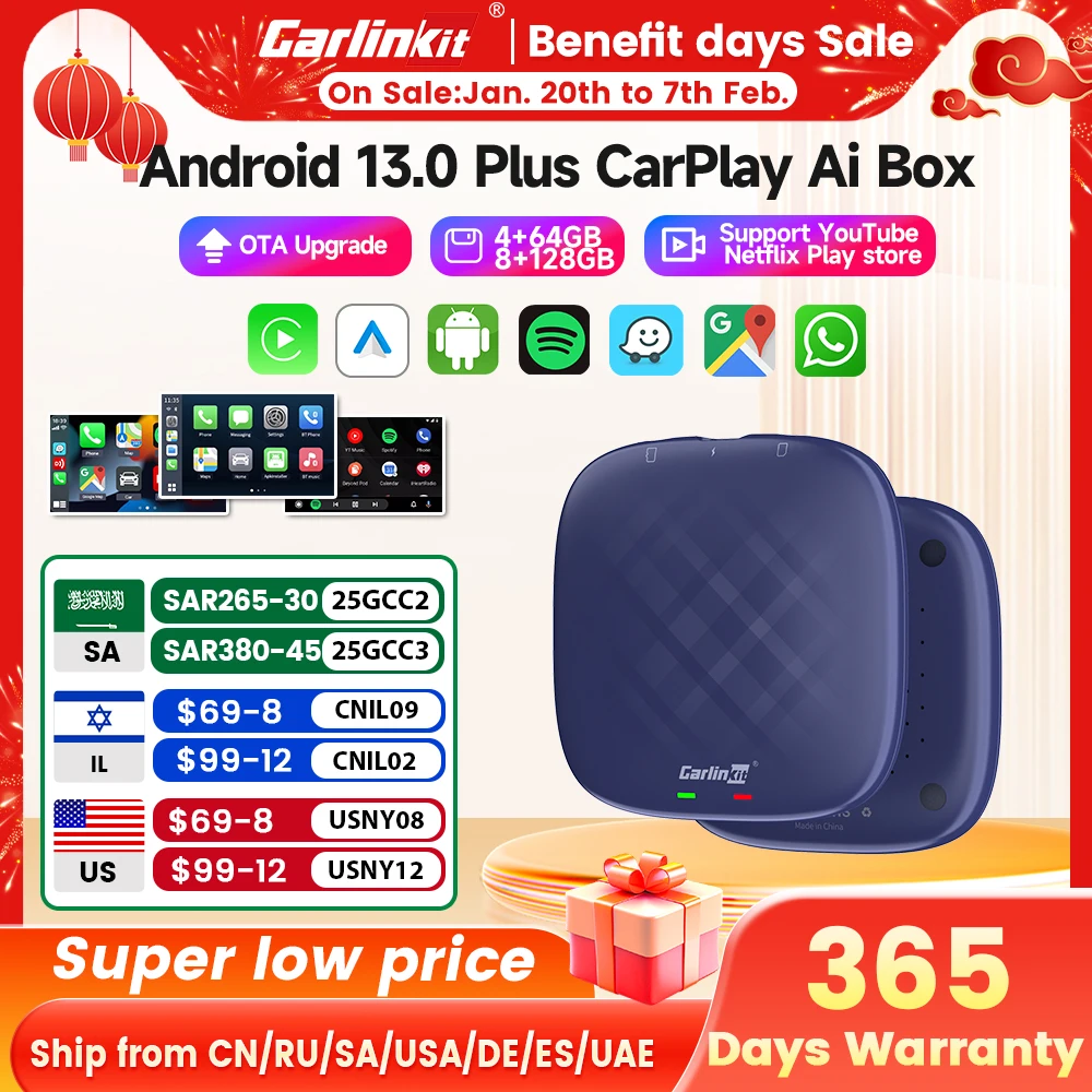 Carlinkit CarPlay Ai TV Box Plus Android13 8+128GB QCM 8-Core 665 6125 Wireless CarPlay Android Auto For Youtube Netflix  4G LTE