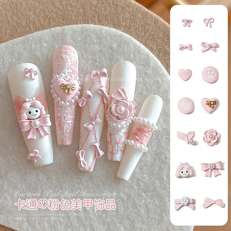 

New Arrival 50Pcs Mixed Cartoon Bowknot Nail Charms Rose Pink Heart Pearl Nail Jewelry Rhinestone Wholesale