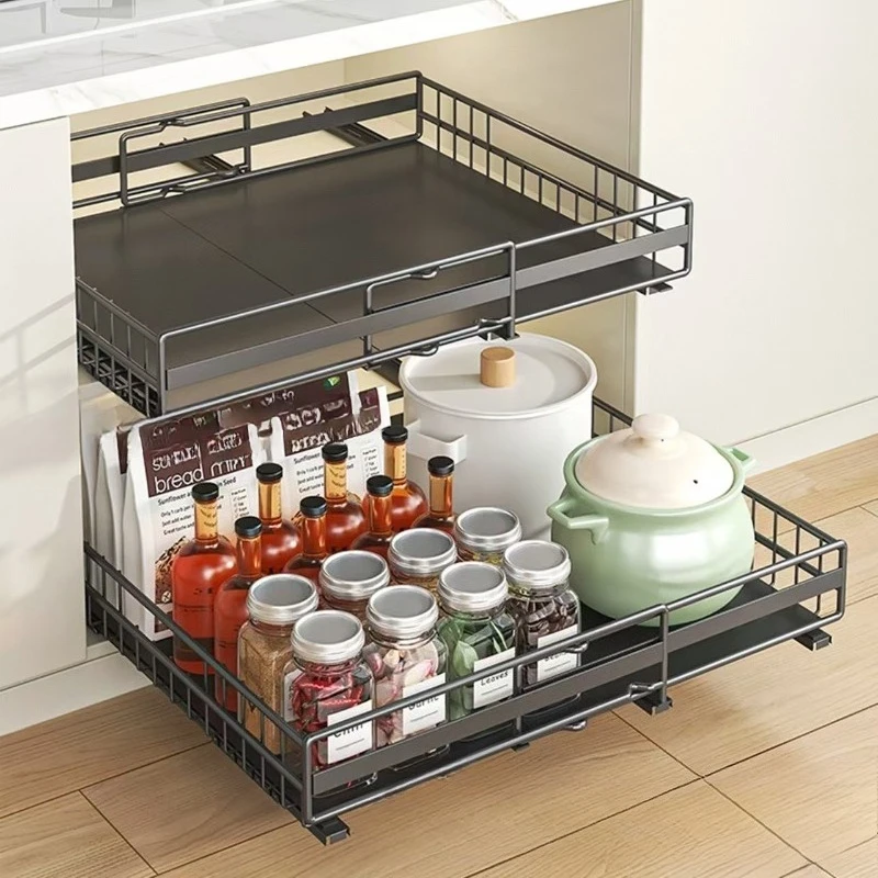 Cabinet Basket Rack Non-punching Retractable Seasoning Dishes Storage Under The Kitchen
