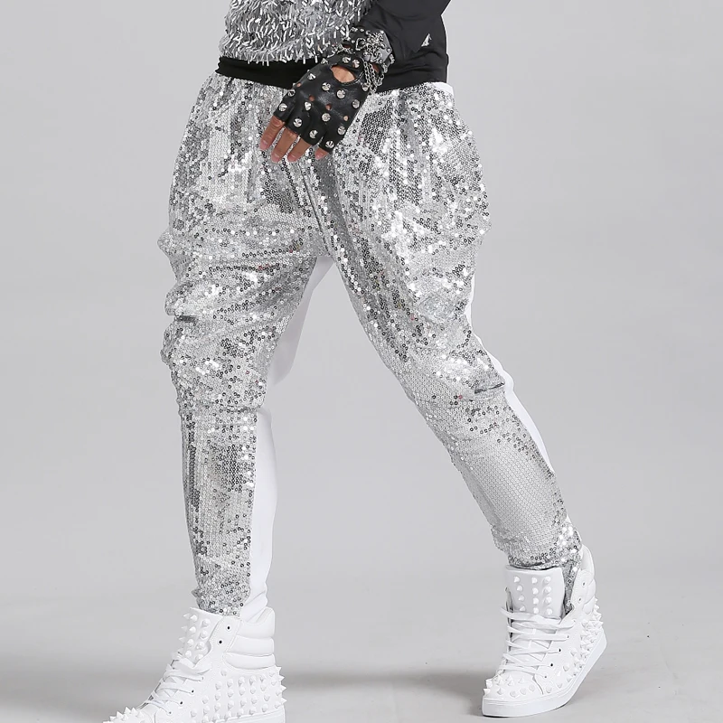 

Trendy Men's Sequined Harun Pants Nightclub Bar Singer Stage Performing Costumes Disco Dj Performing Pants Dance Costume