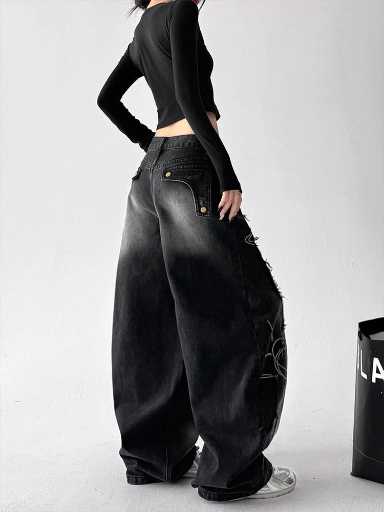 Pantalones vaqueros bordados para mujer, ropa de calle, Vintage, Hip Hop, borde crudo, borlas, Y2K, pantalones vaqueros de otoño, cintura alta, pierna ancha, pantalones cimitarra