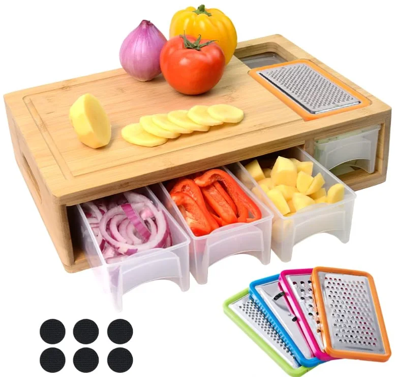for Kitchen bamboo cutting board with drawer cutting board with 4 containers tray pull natural block bamboo cutting board