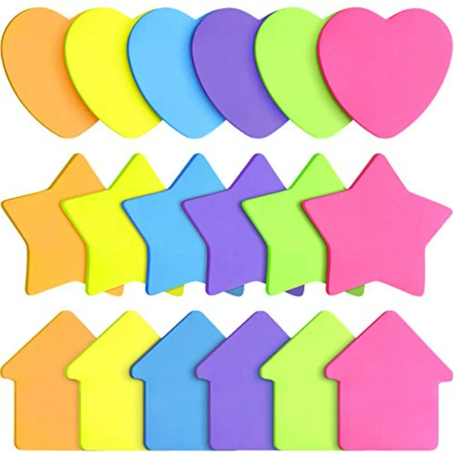 

540 Sheets Star Sticky Notes 3 x 3 Inch Heart Arrow Star Shaped Self Sticky Notes with 6 Bright Multi Colors for Reminders in O