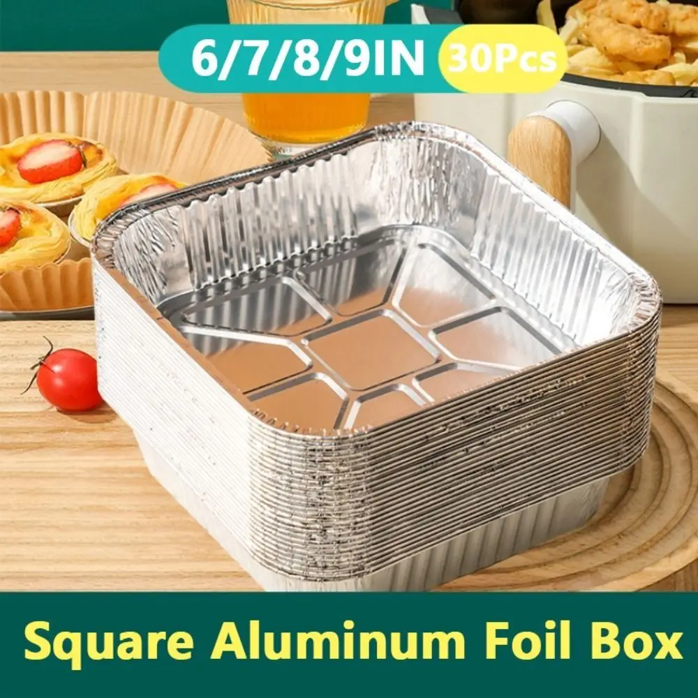 30Pcs 6/7/8/9inch Aluminum Foil Baking Trays Non-Stick Square Air Fryer Pans Thick Stackable Takeaway Food Containers