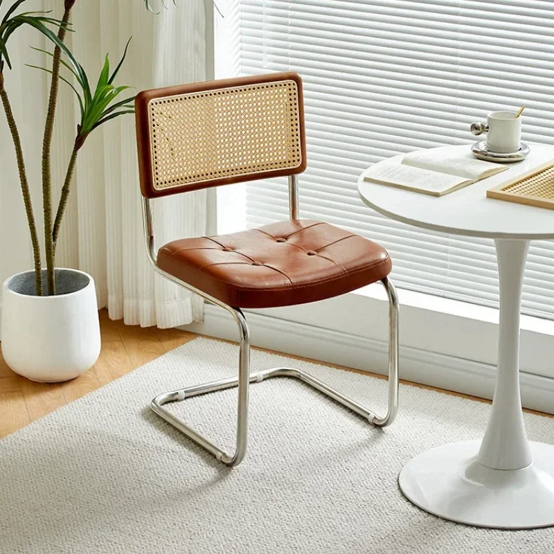 Mid-Century Modern PU Leather Barstools 24-Inch Rattan Bar Chairs with Metal Frame for Dining Room Vintage Style