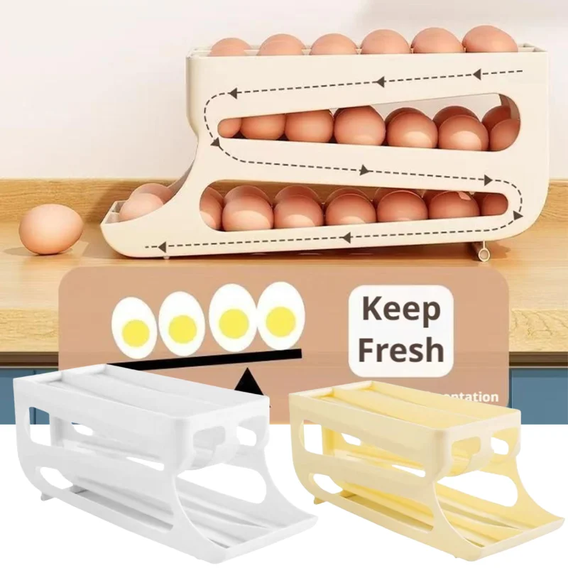 Space‑Saving Auto‑Roll Egg Storage Rack Plastic Egg Dispenser Holder For Refrigerator Food Organization Kitchen Accessories