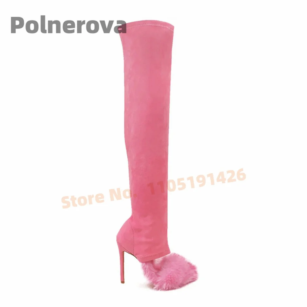 

Faux Fur Over The Knee Suede Boots Women Slim Open Toe Slip On Multicolor Stretch Boots Fashion Spring Autumn Women's Shoes