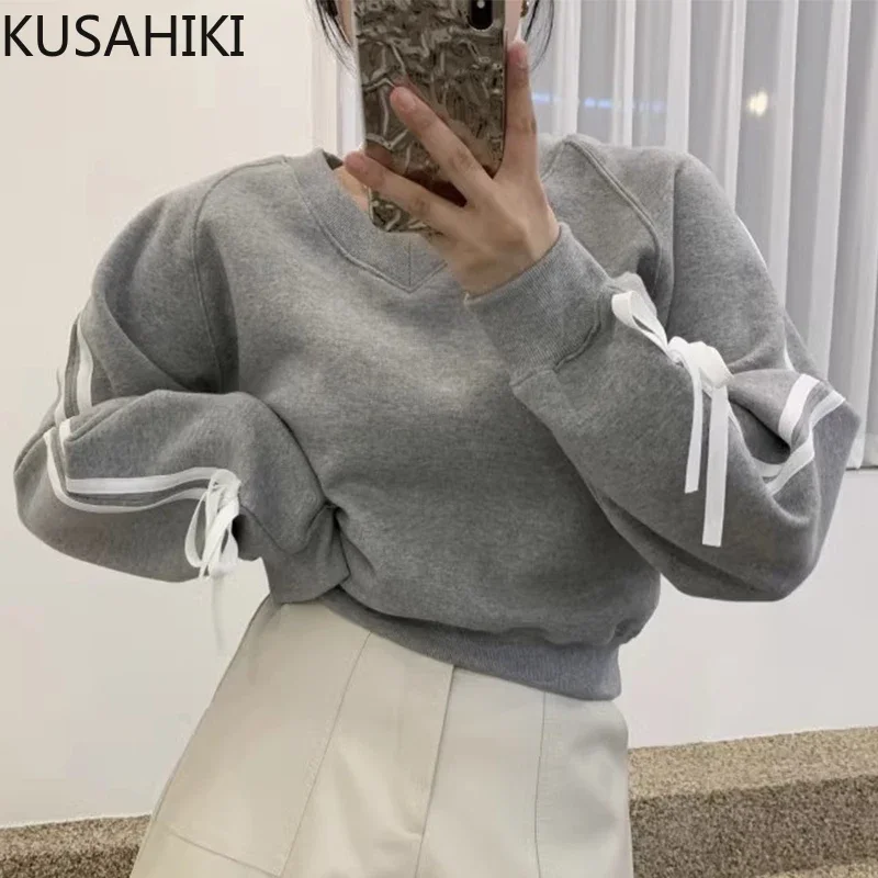 

KUSAHIKI Korea Chic Autumn Winter Elegant V-neck Ribbon Bowknot Fashion Causal Fleece Warm Sweatshirt Woen Jumper 2023 New