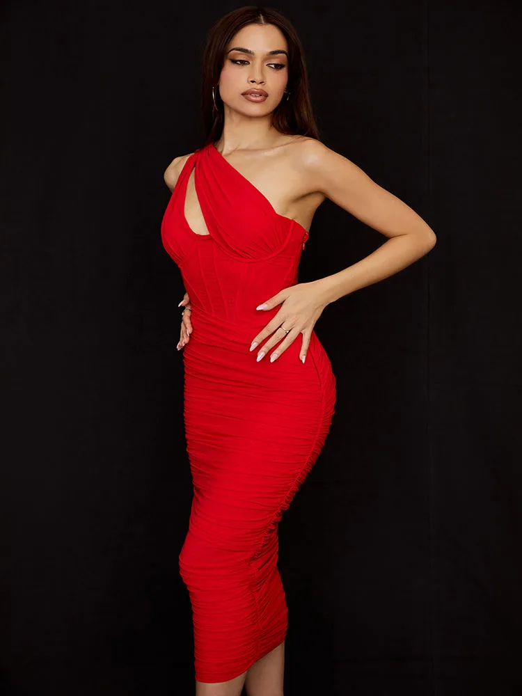 Nightclub Sexy Red Dress One Shoulder Sleeveless Mesh Fishbone Tight Backless Dress Summer Wrinkle Banquet Solid Color Dress