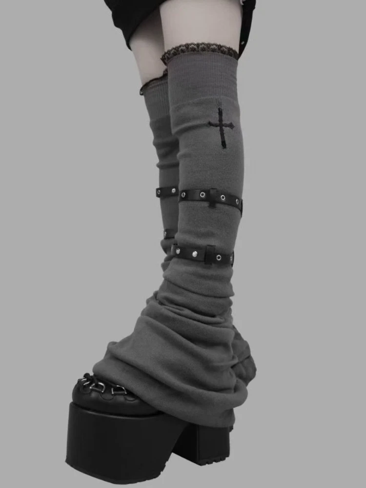 Women  Japanese Lace Patchwork Grunge Flare Leg Warmers Socks Cross Gothic Girls Knee High Boots Cover Belt Y2k Aesthetic Punk