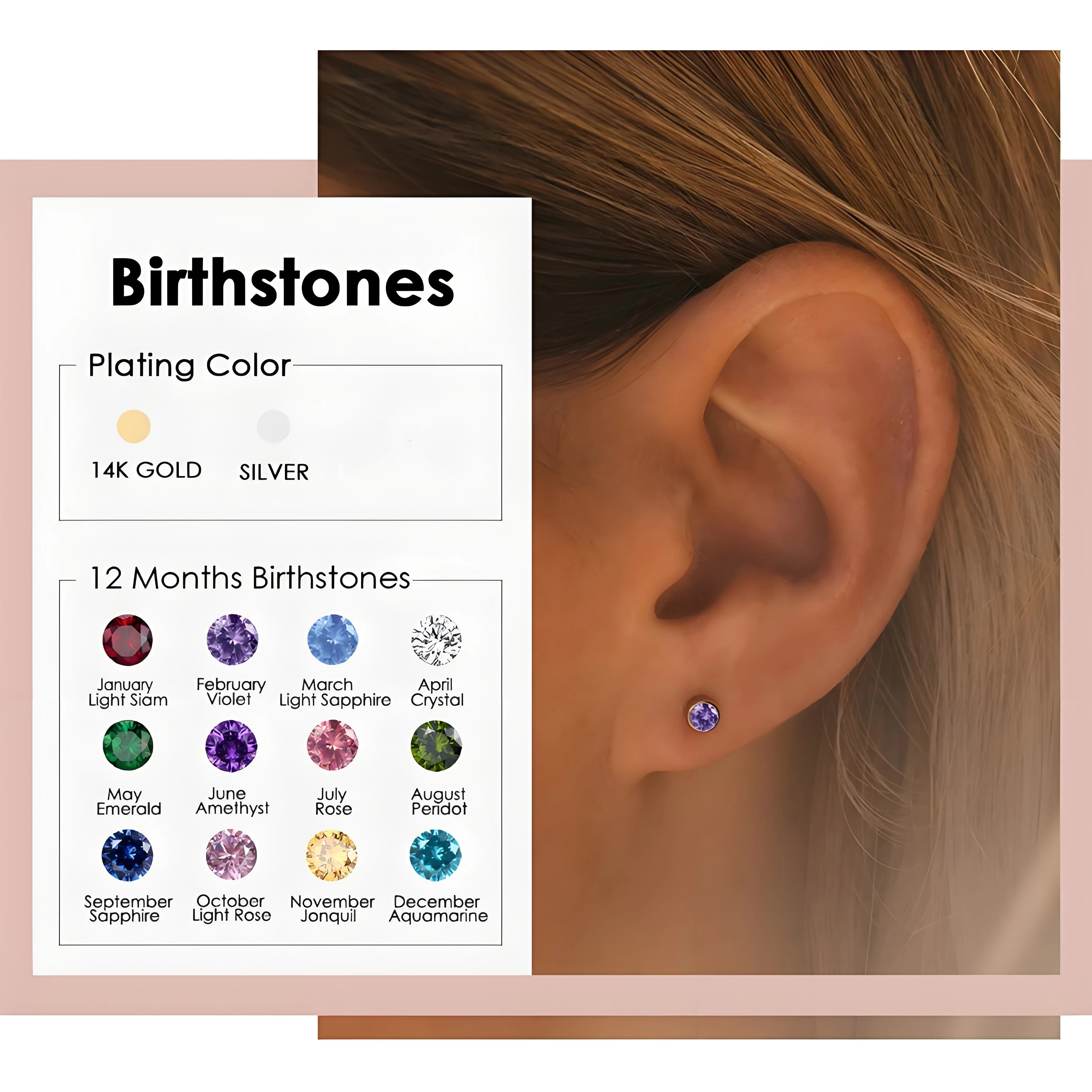 12 Monate Mini Runde Geburtsstein-Ohrstecker, vergoldet, kleine Mini-Zirkon-Ohrringe, personalisiertes Geschenk für Frauen – Detail 2