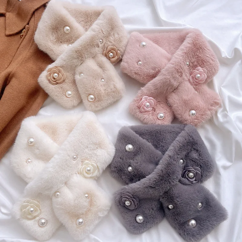 Korean Women Pearl Flowers Faux Rabbit Fur Collar Cross Plush Scarf Female Winter Outdoor Thicken Neck Protection Warm Shawl T61