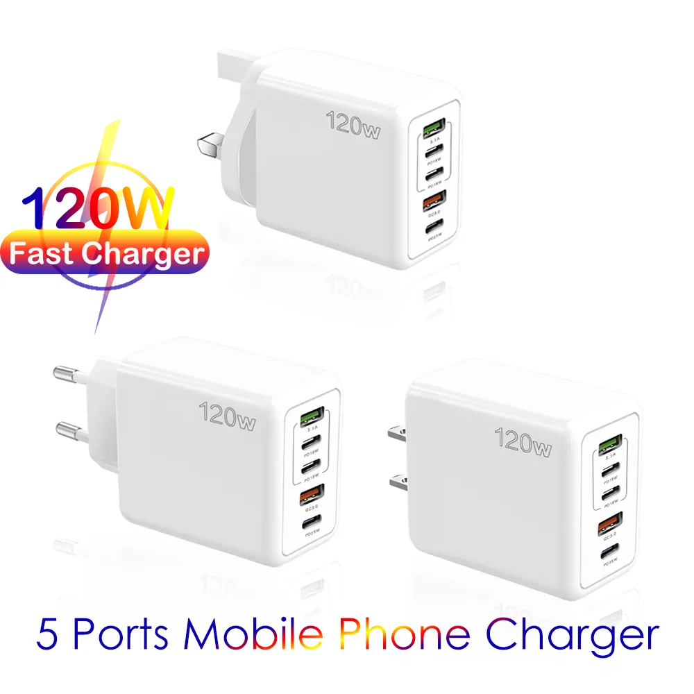 

120W 2USB+3Type C Wall Charger Fast Charging Mobile Phone Charger Smartphone Accessories For iPhone Samsung Xiaomi EU/US/UK Plug
