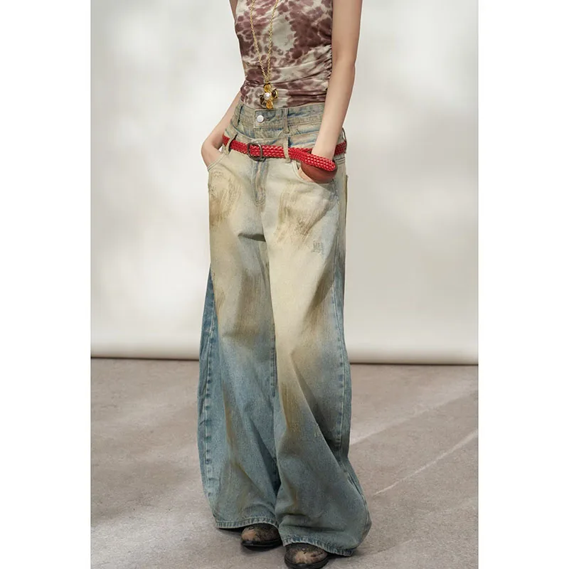 Women Vintage Double Waist Unique Denim Jeans Lady New High‑Waist Versatile Floor‑Length Straight Wide‑Leg Trousers