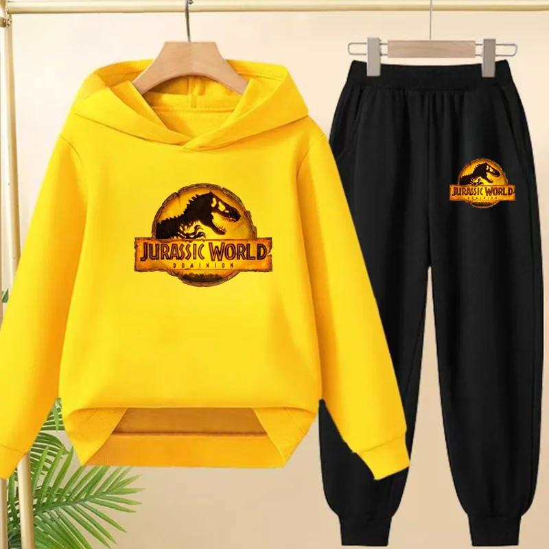 kids 3-12Yrs Autumn Clothing Jurassic Dinosaur print Yellow Pullover Hoodie Boys Girls Coat + Pants 2P Casual Sports Jogging Set