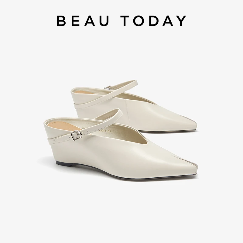 BEAUTODAY Elegant Sandals Women Calfskin Leather Open Toe Buckle Strap Wedges Slippers Slip-on Ladies Shoes Handmade 35149