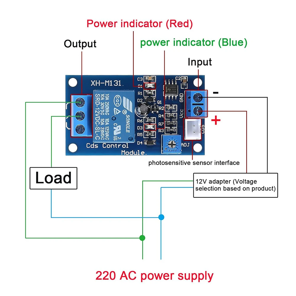 6Pcs/Lot XH-M131 DC 12V 10A Photoresistor Relay Module, Light Control Switch Photoresistor Relay Module Detection Sensor+Cable