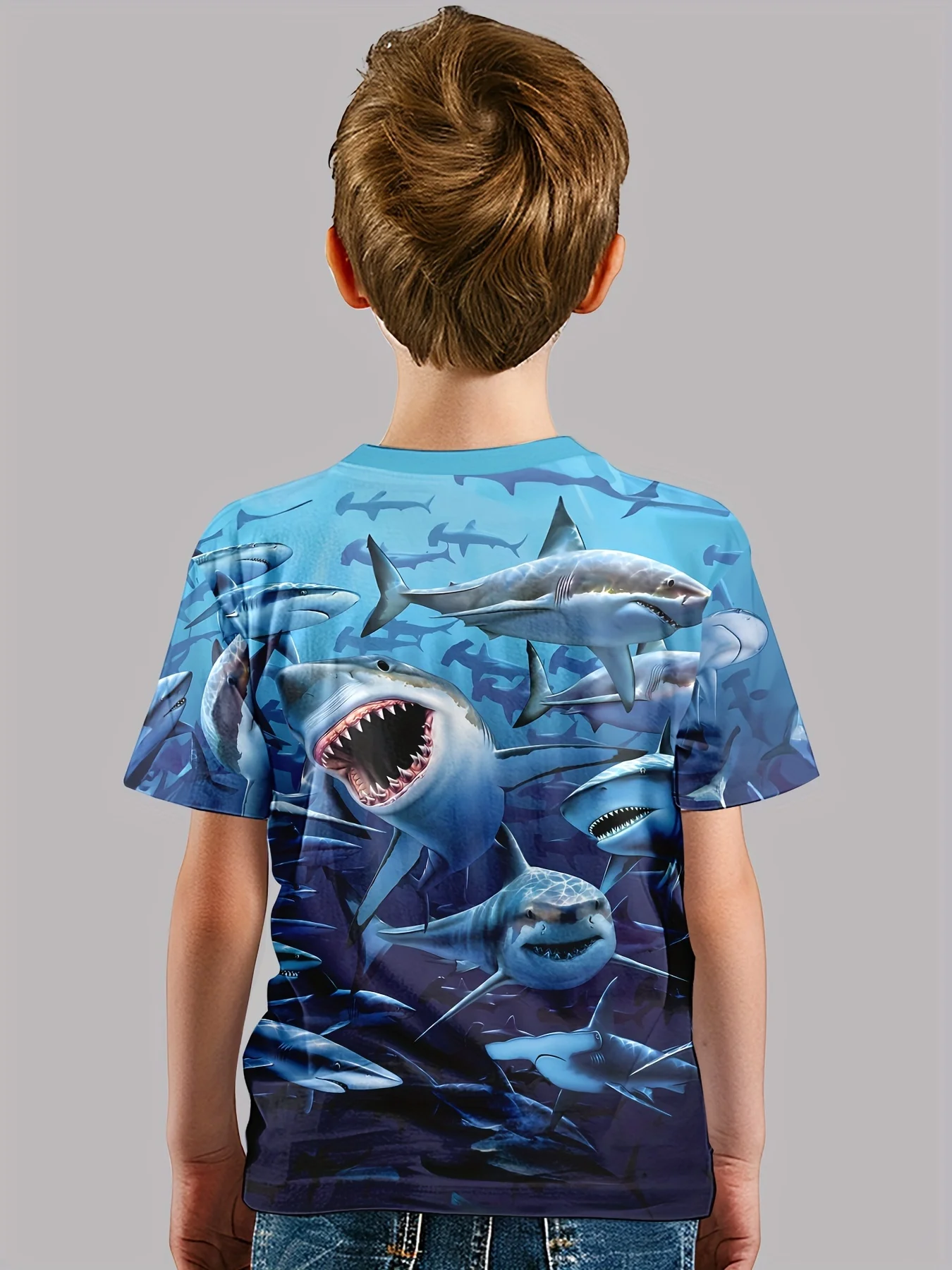 3D Printed Deep Sea Shark Boys Round Neck t-shirt Short Sleeve Peplum Casual Summer Micro Stretch Ice Silk Fabric T-Shirt Top