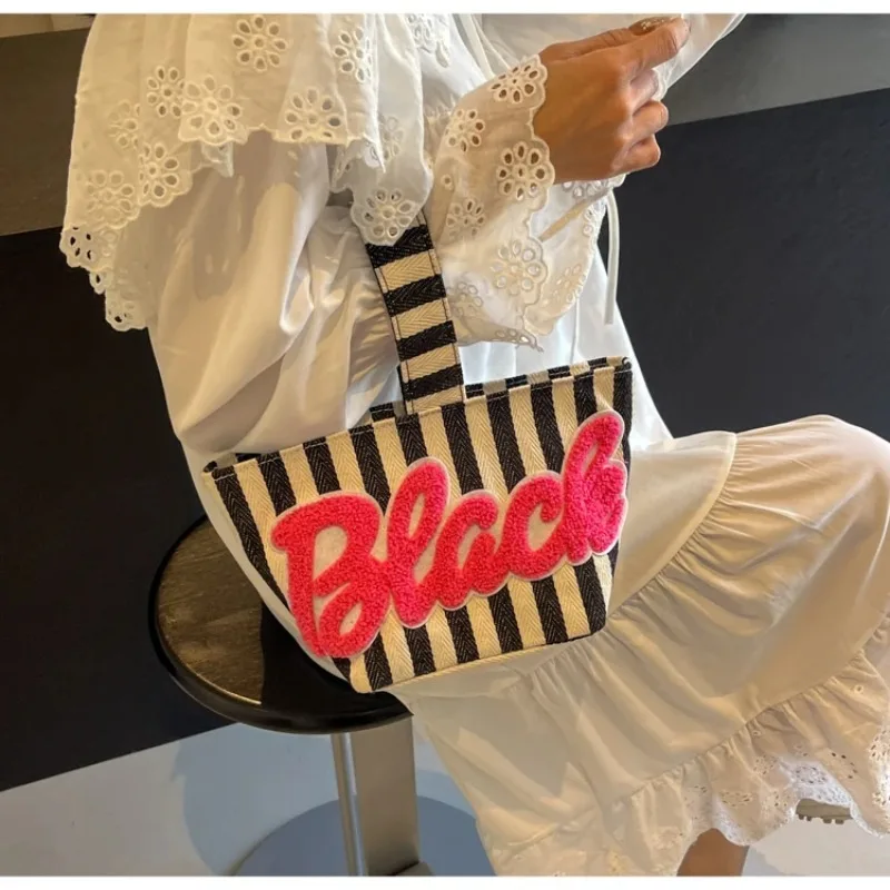 

Summer Small Canvas Handbag Commuter Phone Bag Striped Bucket Bag Fashionable Versatile Handheld Bag for Young Women