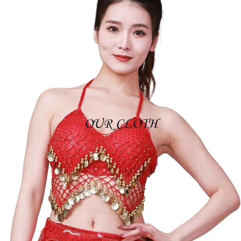 الترتر للصفائح شرابات أزياء رقص البطن العليا للنساء للنساء الرقص الرقص عملة عملة مع معدة الصدر للحفلة Y1AC