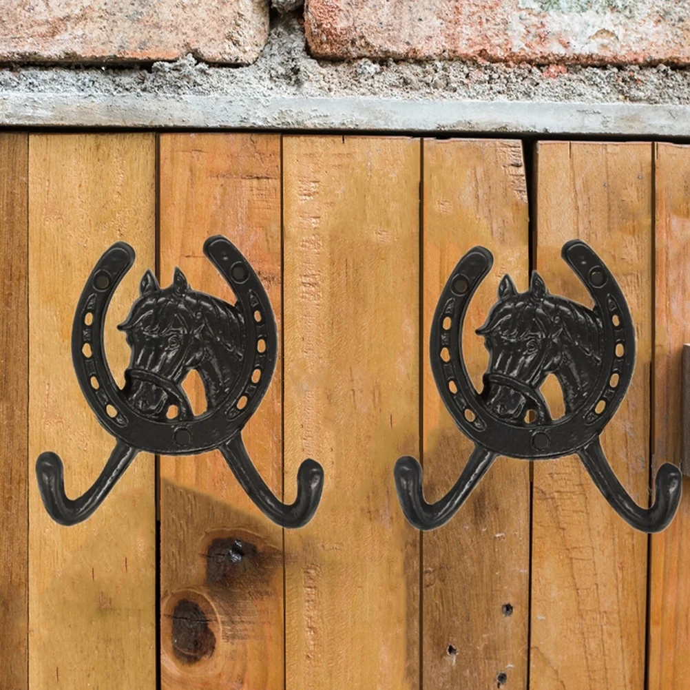 European Style Creative Horse Head Horseshoe Double Hook Wall Cast Iron Black Mounted Towel Hooks Home Key Storage for Hanging