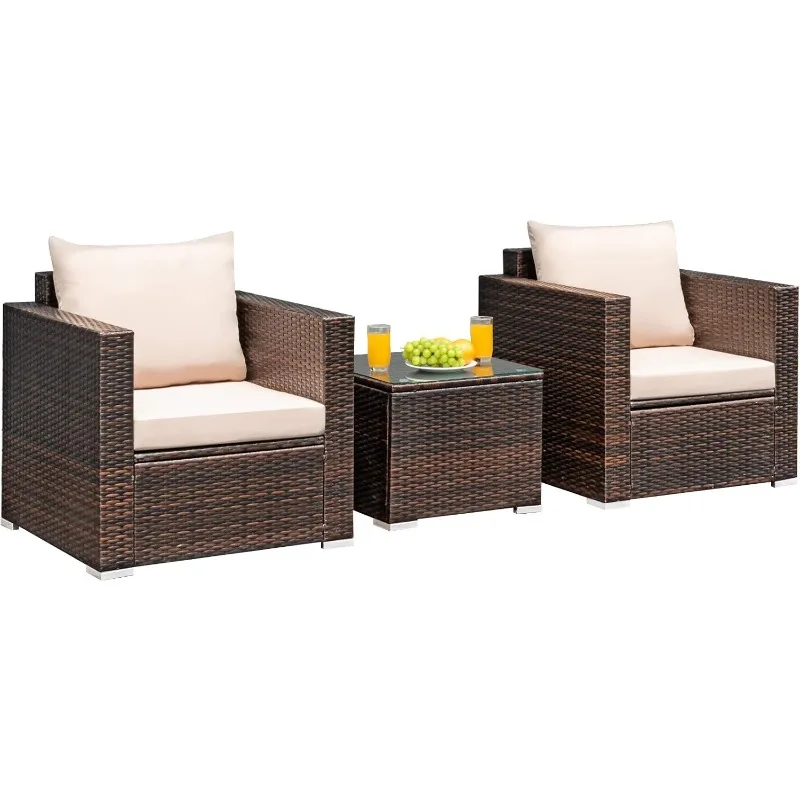 Tangkula 3 Pieces Patio Furniture Set, Outdoor Conversation Rattan Furniture Set W/Washable Cushion and Tempered Glass Tabletop,