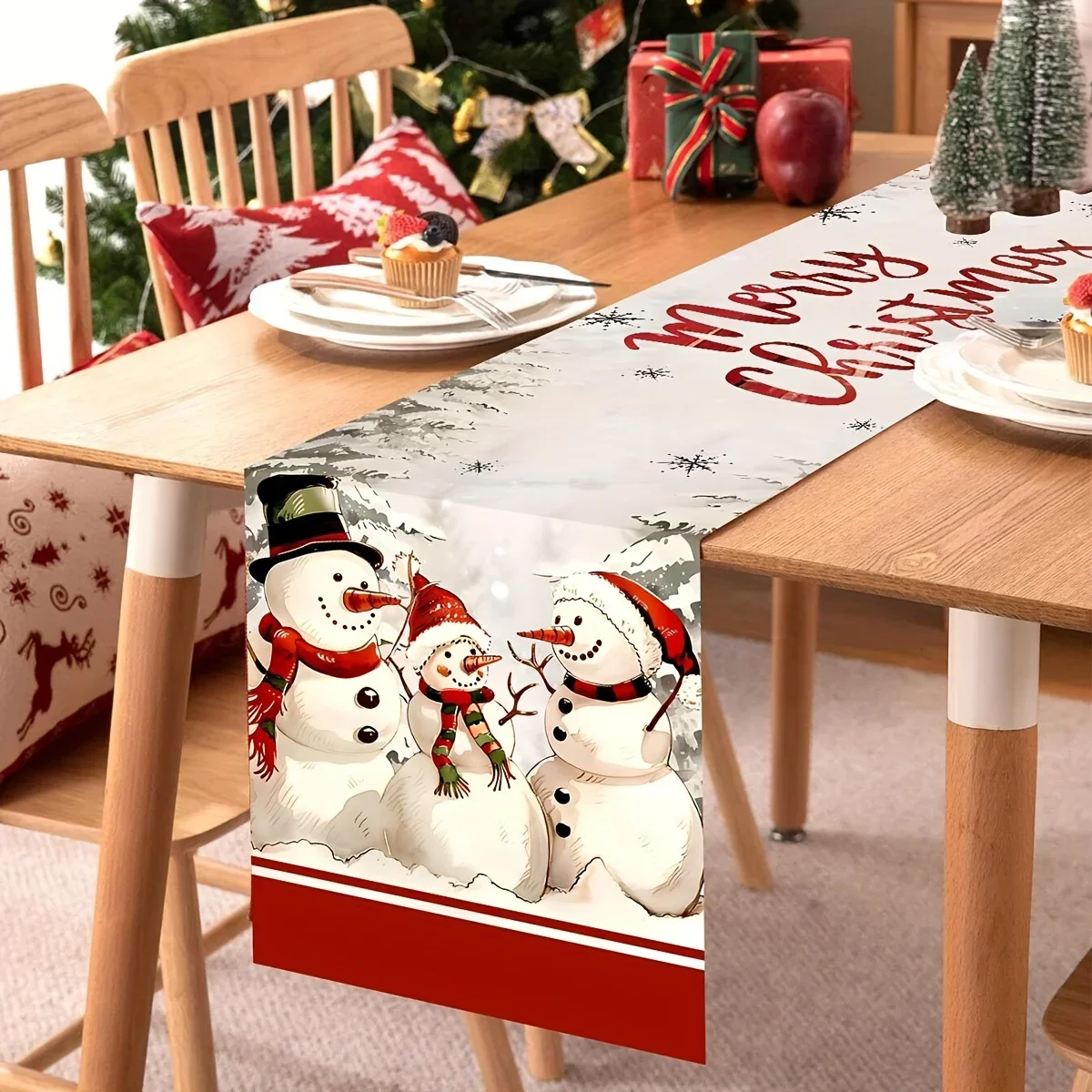 Christmas Snowman Linen Table Runners Dresser Scarf Decor Winter Xmas Kitchen Dining Table Runners Christmas Decorations