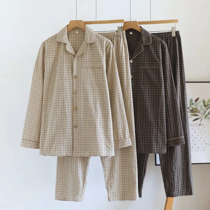2026 Spring and Autumn New Men's Pajama Set 100% Cotton Gauze Loose Casual Long Sleeve Checkered Home Clothes Cardigan Set